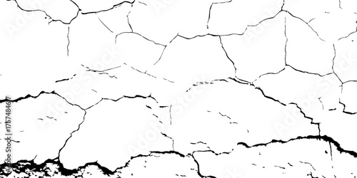 Depict cracked dry earth with deep black fractures spreading across a barren white ground, resembling parched desert soil in a minimalist ink style."
