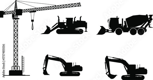 Construction vehicles silhouettes, tower crane, bulldozer, cement mixer truck, excavator illustration, heavy machinery icons, civil engineering equipment, industrial machines, black vector design