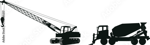 Construction vehicles silhouette illustration, crawler crane with hook, concrete mixer truck, heavy machinery graphic, industrial equipment drawing, building site transport design