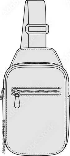 Crossbody sling bag illustration, fashion accessory design, zippered pocket detail, modern unisex bag, casual style, functional everyday wear, apparel sketch