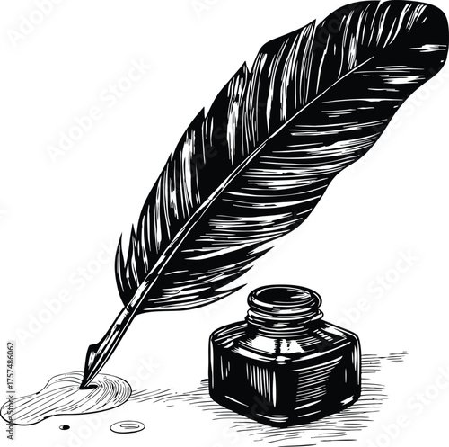 Black quill pen and inkwell with ink spill writing