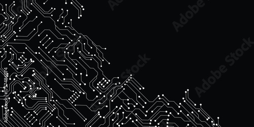 Grey circuit connection on black background. High-tech circuit board connection system. futuristic digital innovation background.