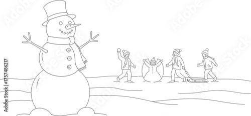 Children enjoy winter fun building a snowman and playing snow