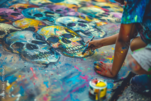 Wallpaper Mural A person is painting skulls on the ground. Day of the Dead, mexico, Torontodigital.ca