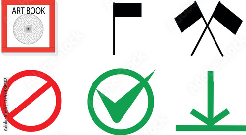 Vector art of collection of six icons including art book, flags, prohibition, and checkmark