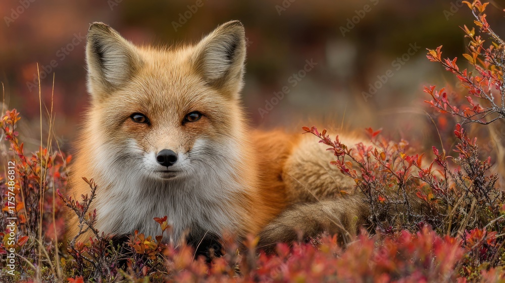 Obraz premium Red Fox Portrait Amidst Autumnal Foliage, Captivating Gaze, Natural Habitat