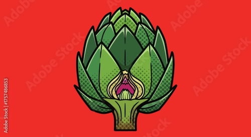 Stylized artichoke with comic-style dots on a red background