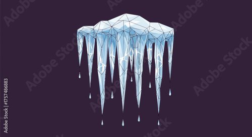 Low-poly icicles hanging from snow bank on dark background