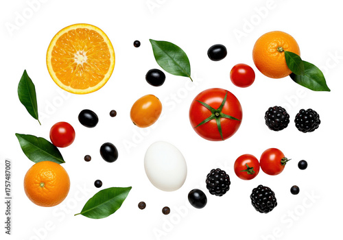 Assortment of fresh fruits vegetables and egg isolated on transparent background