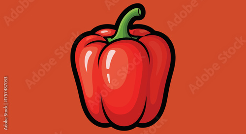 Glossy red bell pepper with green stem on reddish-orange background