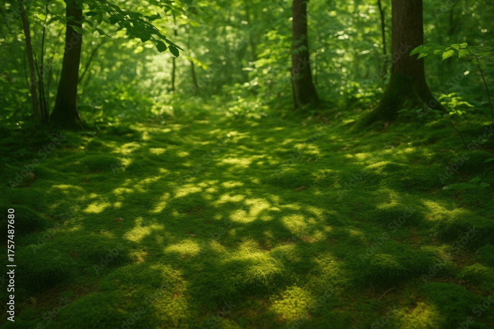 Obraz premium Lush Green Forest Floor Covered in Soft Moss and Dappled Sunlight