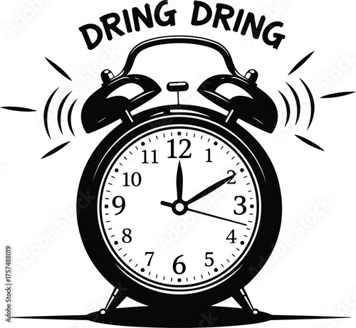 Vintage alarm clock ringing loudly with dring dring text