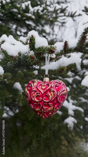 Beautiful heart Christmas toy in red gold pattern hanging on snow pine tree symbolizing romance, warmth, winter celebration perfect for seasonal stock photos, greeting cards, home decor promotion