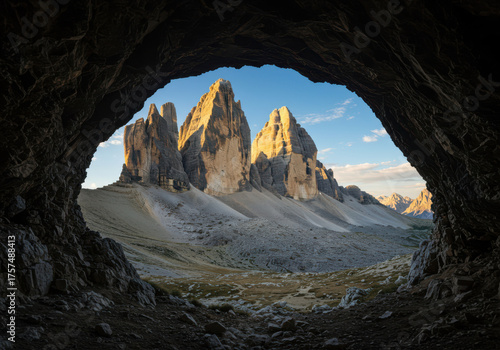 Majestic tre cime di lavaredo mountain peaks framed by a cave entrance