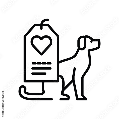 A line art depiction of a dog standing near a tag with a heart on a sledlike structure