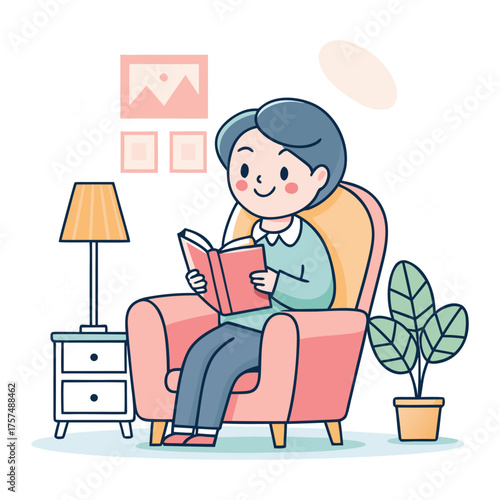 Cartoon illustration of a woman sitting in an armchair, reading a book in a cozy living room setting.