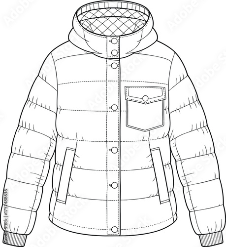 Puffer jacket technical fashion illustration, quilted outerwear flat sketch, front view garment drawing, winter coat design template, padded clothing construction artwork