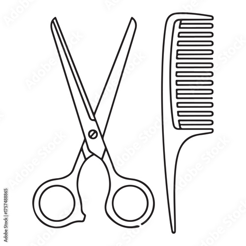 Simple line drawing of scissors and a comb on a