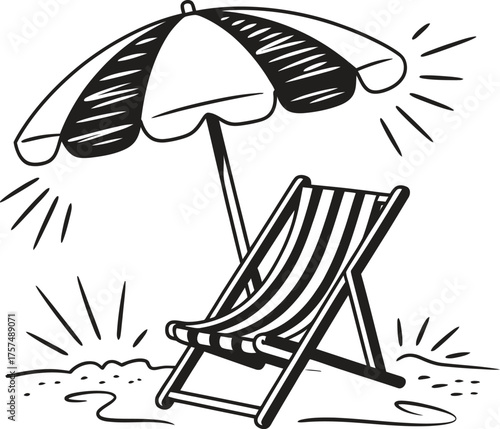 Hand drawn illustration of a striped beach chair under a striped umbrella on sand
