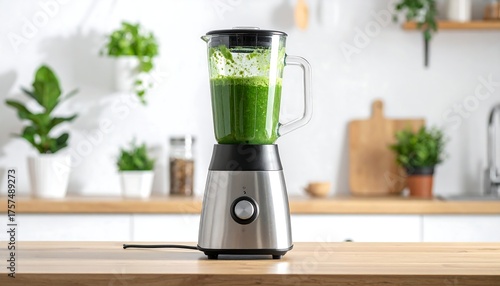 A modern blender filled with green smoothie, kitchen setting