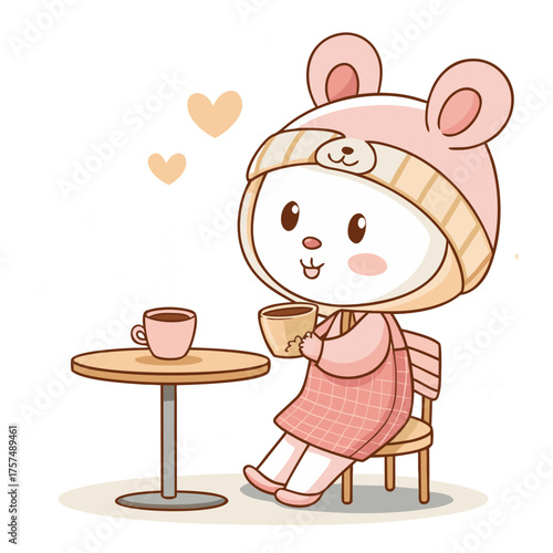 Cartoon bunny character wearing a pink bear hat sits at a table, holding a cup of coffee, with hearts floating above.