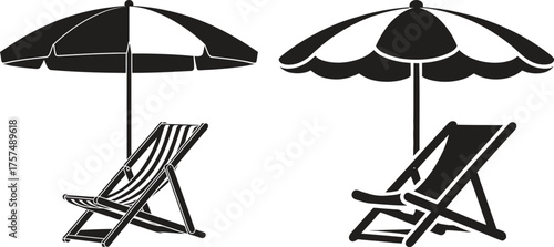 Two deck chairs and umbrellas on a white background