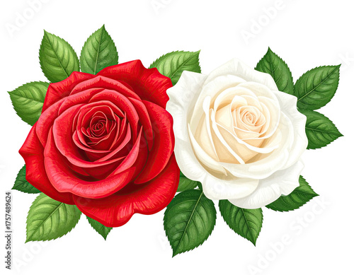 A vibrant illustration of two roses, one red, one white, surrounded by lush green leaves