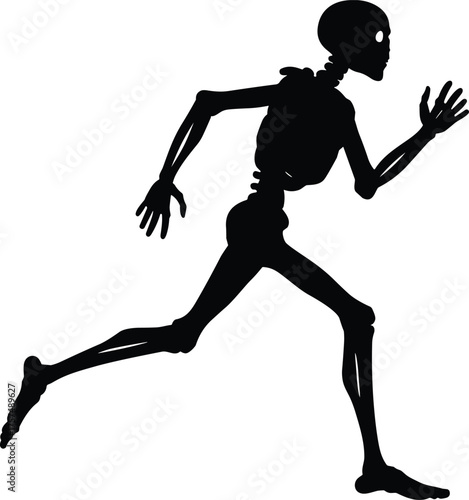 Running skeleton silhouette, anatomical motion illustration, spooky Halloween art, eerie bone figure, dynamic anatomy design, supernatural character concept, biomechanics study figure