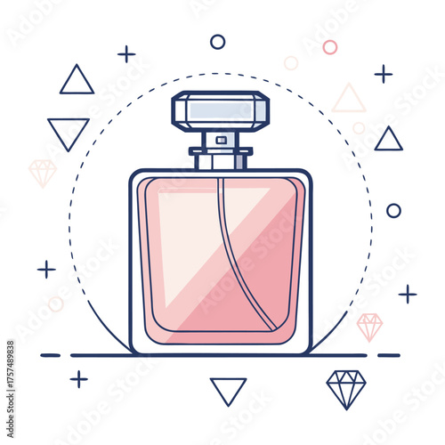 Illustration of a pink perfume bottle with geometric shapes and a dotted circle background.