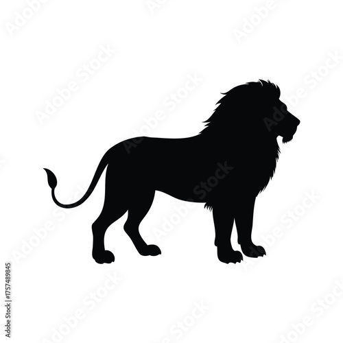 Silhouette of a majestic lion standing proud against a bright white background, lion facing forward silhouette vector illustration