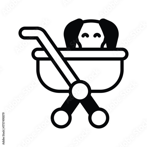 Black and white image of a dog in a stroller