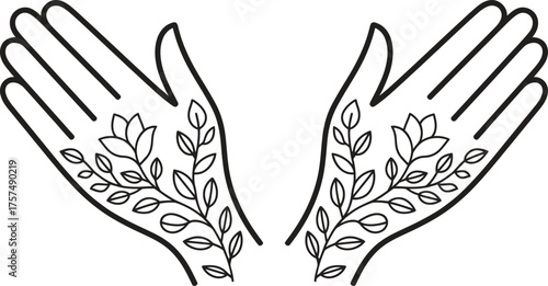 Two open hands with delicate floral henna design on white background