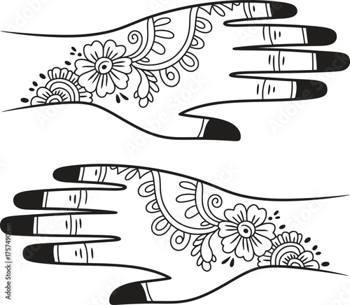 Black and white illustration of hands decorated with intricate henna mehndi designs