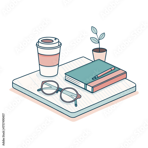 Isometric illustration of a desk with a coffee cup, glasses, notebook, pencil, and small potted plant.