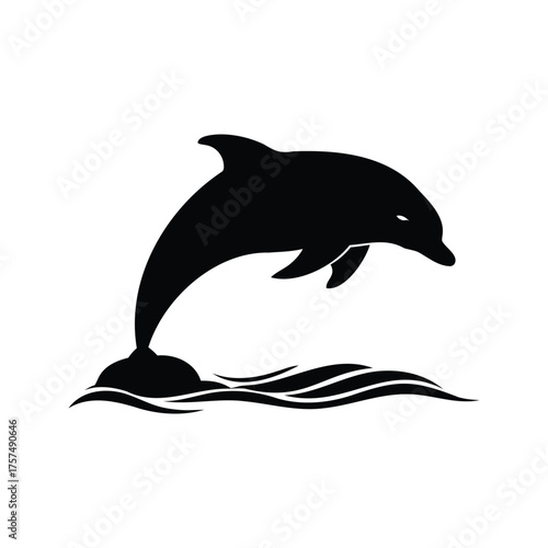 Black silhouette of a dolphin jumping out of the ocean water, dolphin breaching surface silhouette vector illustration