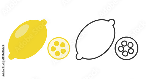 A collection of line icons showcasing a whole lemon and sliced lemon pieces. The design highlights the distinctive shape and texture of this popular citrus fruit.