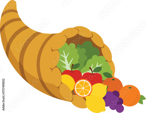 A cornucopia overflowing with a vibrant assortment of fresh fruits and leafy green vegetables.