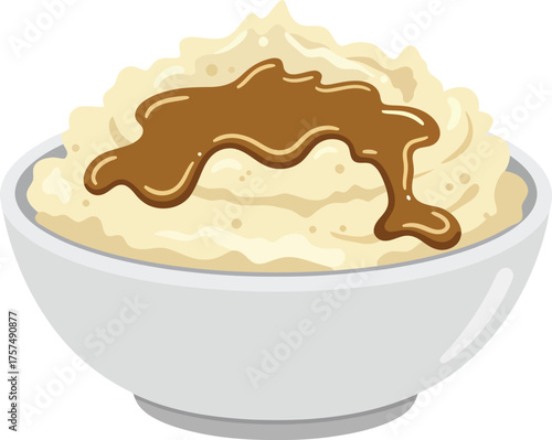 A bowl of creamy mashed potatoes topped with a rich brown gravy.