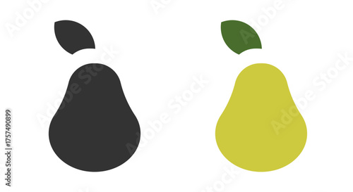 This depiction features two minimalist line icons of pears, one in black and the other in yellow. Each pear is designed simply with a leaf, perfect for fruit-themed graphics or designs.