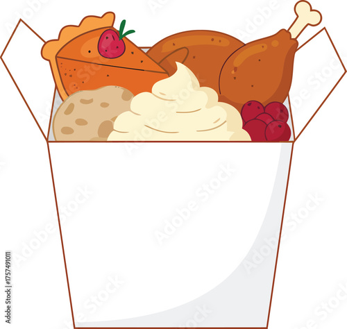 A Thanksgiving meal in a takeout box, featuring turkey, mashed potatoes, gravy, cranberry sauce, and pie.