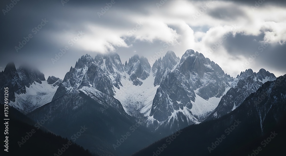 Obraz premium Dramatic mountain range under cloudy skies majestic peaks and landscape