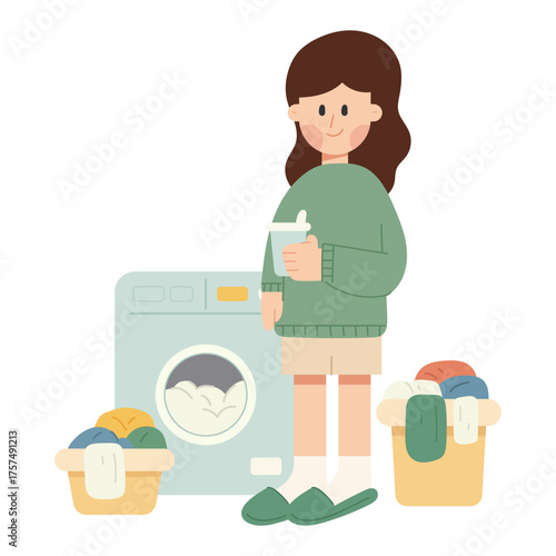 Flat cartoon vector illustration of a woman doing laundry at home. Household and lifestyle concept showing cleaning and washing activity in minimal flat design style.