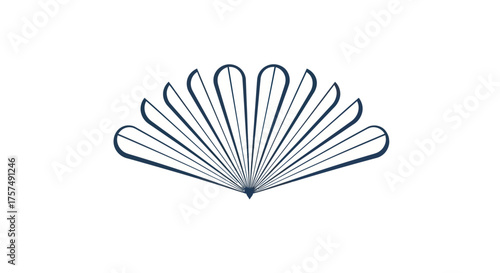 A symmetrical, dark blue fan design with a series of arched segments radiating from a point