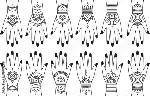 Collection of intricate henna hand designs and patterns for temporary tattoos