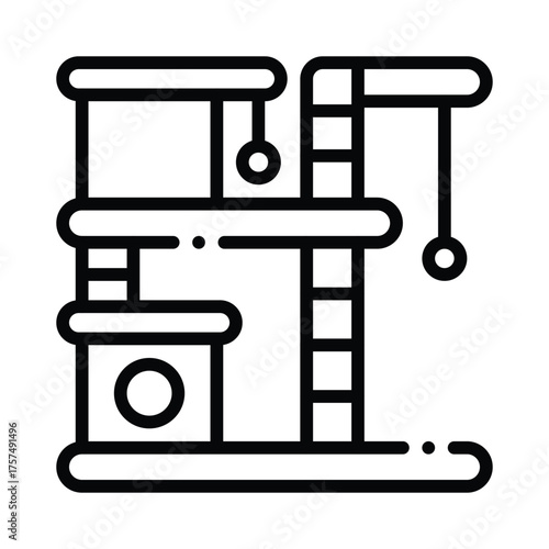 Black line art of a multilevel cat tree with platforms a tunnel and dangling toys