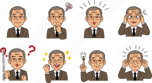 Elderly man expressing a range of emotions from thinking and confusion to triumph and ideas