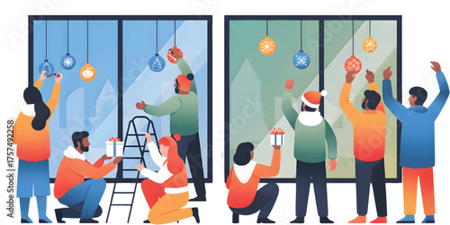 People Decorating Festive Windows with Ornaments, Christmas Spirit, Seasonal Decorations