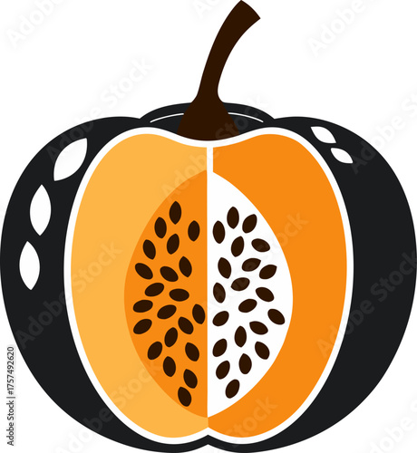  Half-cut pumpkin showing seeds silhouette vector icon , white background 