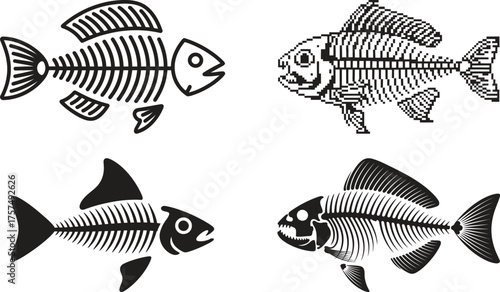 Four black and white fish skeletons in a row