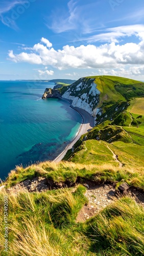 Aerial view of coastal cliffs, beach, and turquoise water under a blue sky